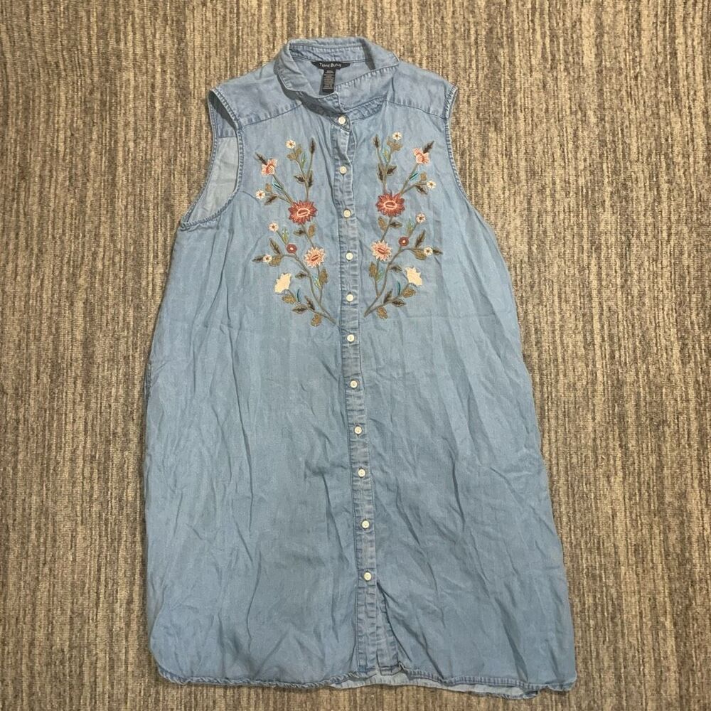 Vintage Terre Bleue Dress Small Tencell Embroidered Blue Collar Button Down Midi